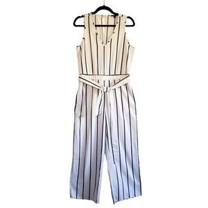 DREW WOMENS V-NECK CREAM & NAVY STRIPED TANK JUMPSUIT W/ BELT CAPRI LENGTH SZ S